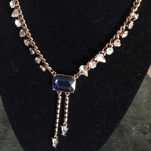 New Steve Madden Blue Emerald Shape Y Necklace - Picture 2 of 5